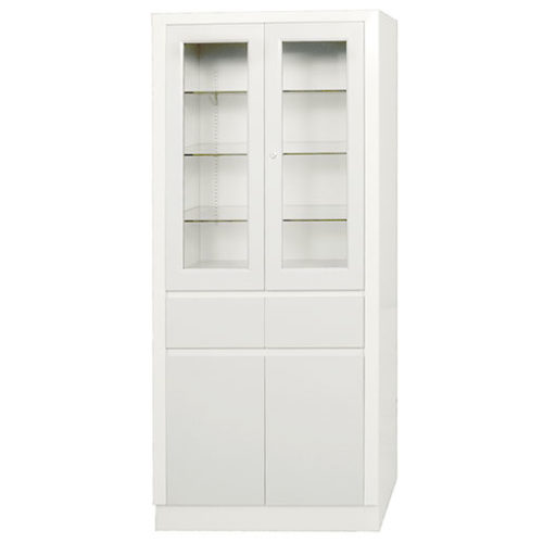 storage cabinet with lockable upper doors two bottom drawers and two doors