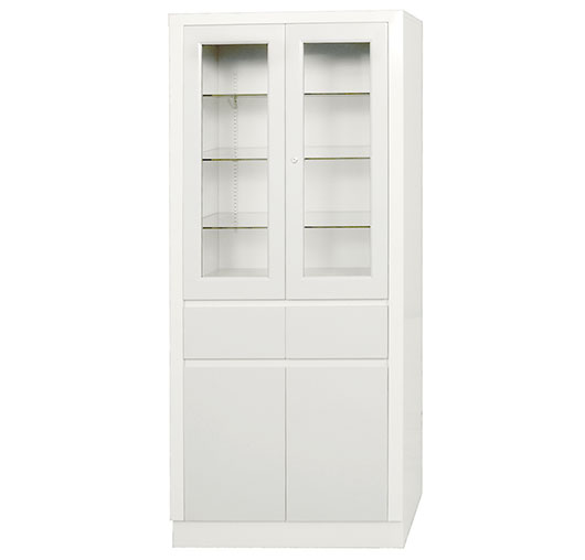 storage cabinet with lockable upper doors two bottom drawers and two doors